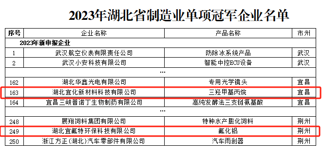 宜化新材料、宜氟特環(huán)保公司獲評2023年湖北省制造業(yè)單項冠軍企業(yè)(圖1)