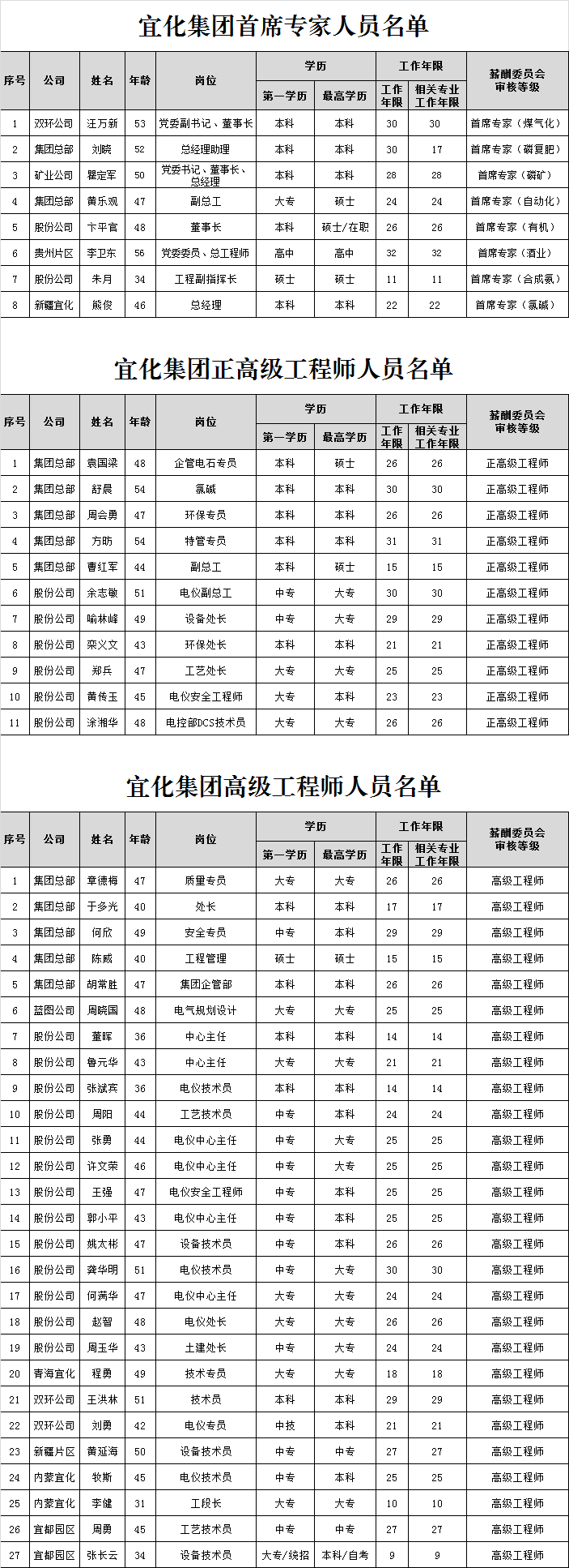 宜化集團首席專家、正高級工程師、高級工程師評審結果公示